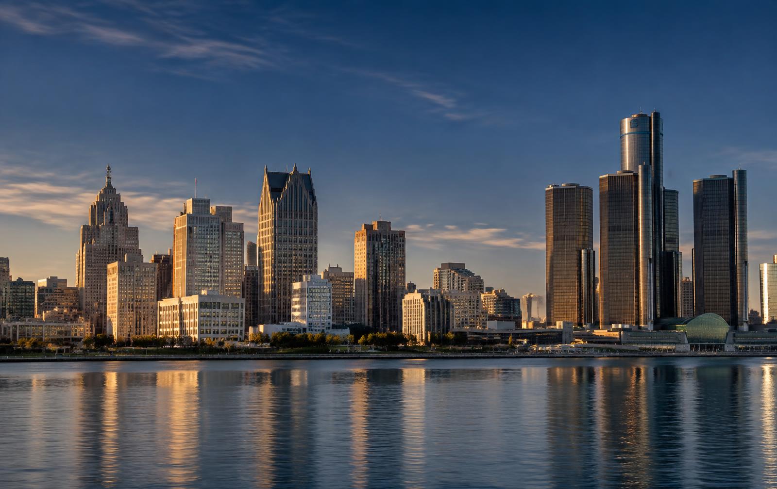 Detroit skyline and business district across the river
