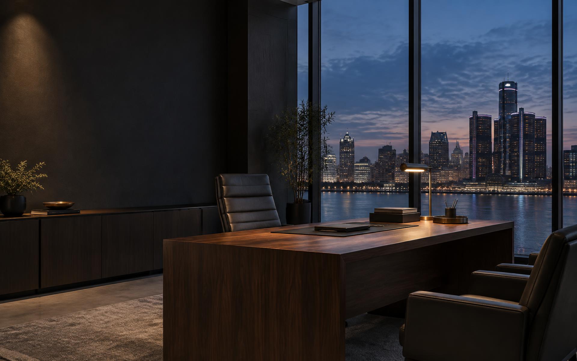 Refined commercial law office overlooking the Detroit skyline